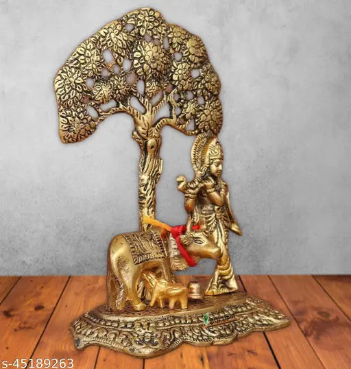 Brij Haat Metal Krishna under tree with cow, golden Kamdhenu statue for home decor and gifting (15cm)