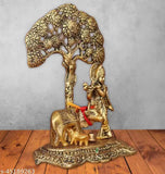 Brij Haat Metal Krishna under tree with cow, golden Kamdhenu statue for home decor and gifting (15cm)