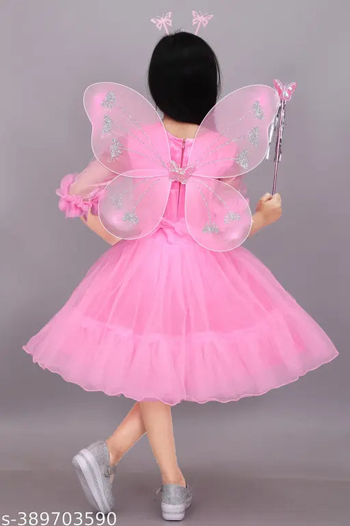 Floral embellished net frock for girls, three-quarter sleeves, party wear dress from India