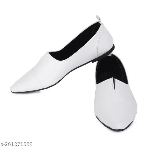 White synthetic flat formal bellies, slip-on design for western outfits. Perfect fit for sizes IND-2 to IND-6, originating from India