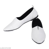 White synthetic flat formal bellies, slip-on design for western outfits. Perfect fit for sizes IND-2 to IND-6, originating from India