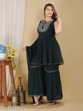 Green rayon kurta with sharara and dupatta set, long sleeves