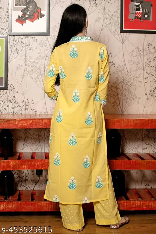 Shri Ram women's cotton blend straight printed kurta set with palazzos, vibrant printed net fabric and three-quarter sleeves