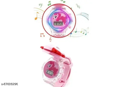Pink digital watch, glows in dark, LED light, music function, unicorn design