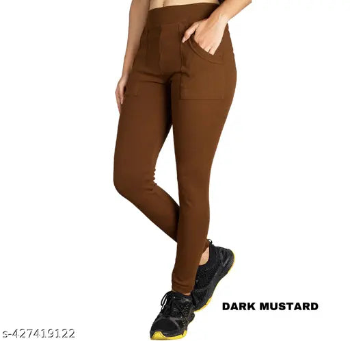 Cotton blend solid color KARARO Women's L pocket jeggings, perfect for yoga or casual wear