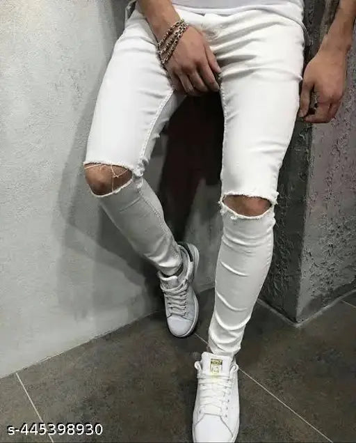 White men's slim fit distressed denim jeans with knee cuts and elasticated waistband