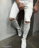 White men's slim fit distressed denim jeans with knee cuts and elasticated waistband