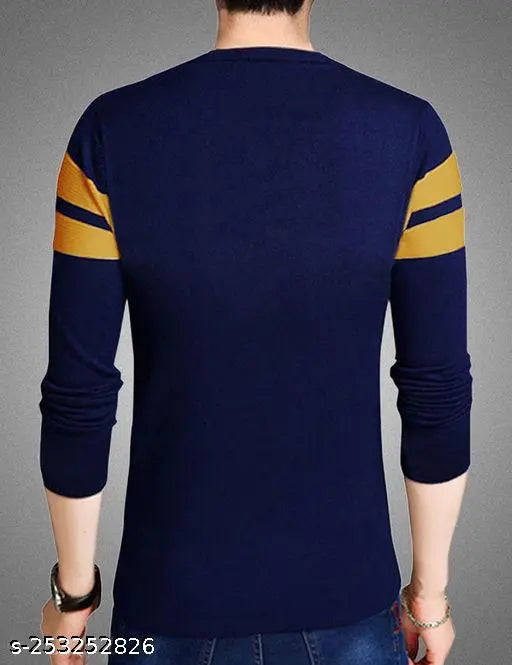Navy blue striped cotton blend long sleeve men's t-shirt by LEOTUDE, casual wear for various occasions
