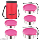 Red lunch box set with 5 stainless steel containers, black handle, and red bag. 12cm diameter