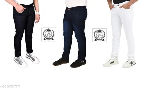 Denim jeans for men's pack of 3, solid pattern in sizes 28, 30, 32, 34, and 36 inches. Indian-origin quality denim wear for three