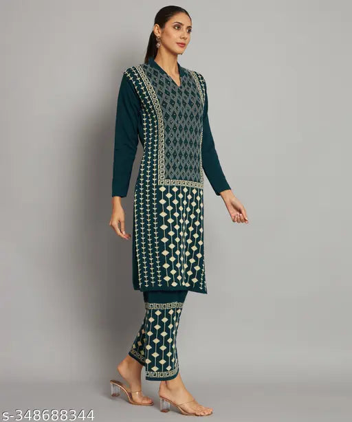 Wool kurta set for women, printed net, three-quarter sleeves, Palazzo bottoms, Made in India