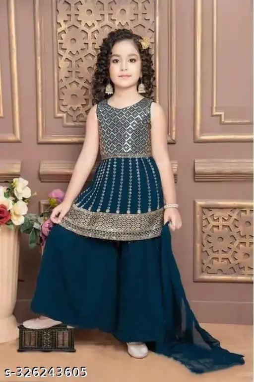 Georgette embroidered kurta and palazzos set for girls, trendy Indian fashion with dupatta