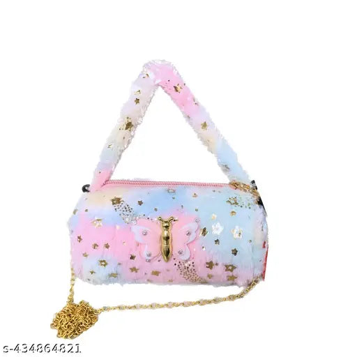Pink faux fur mini sling bag combo, 3 piece set with small side bag, children's accessory