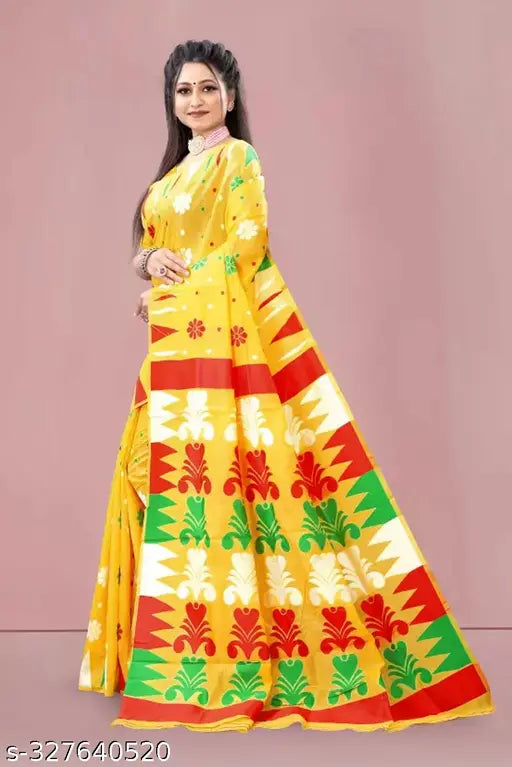 Trending yellow spun Jamdani cotton saree, soft and lightweight with Jequarard design, traditional Indian handloom
