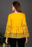 Yellow rayon printed tunic top with three-quarter sleeves, stylish party wear for women, made in India