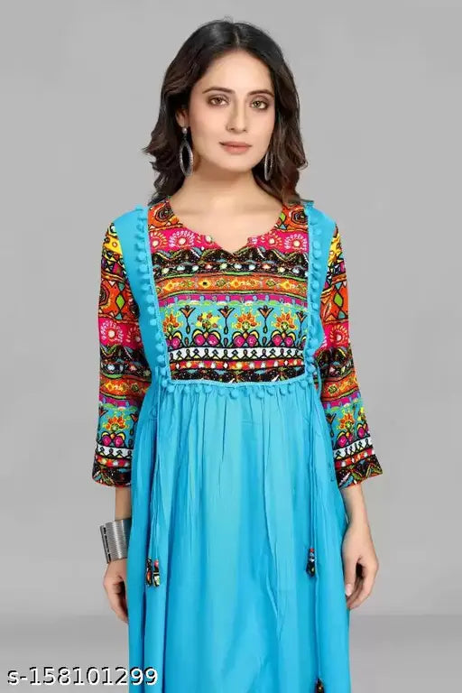 Women's Rayon Stitched Flared/A-line Kurta, vibrant printed design, festive party wear from SAAWAN KURTIS, India