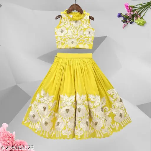 Georgette embroidered crop top & lehenga set for kids, Indian-made with cotton thread work