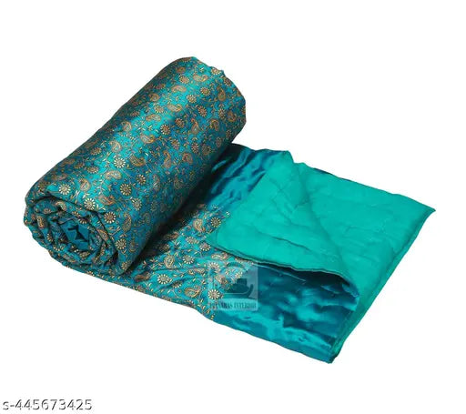 Pinaaras interior cotton single bed blanket, gold print, silk trim, 55x85 inches
