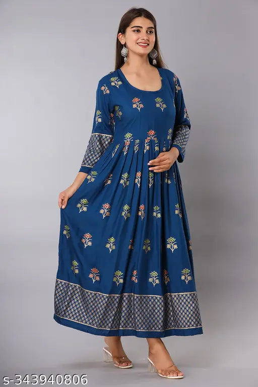 Blue embroidered long kurta with flared sleeves and hem, knee-length