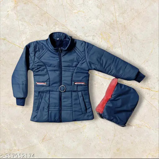Navy blue puffer coat with zip closure and red trim