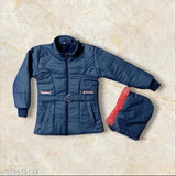 Navy blue puffer coat with zip closure and red trim