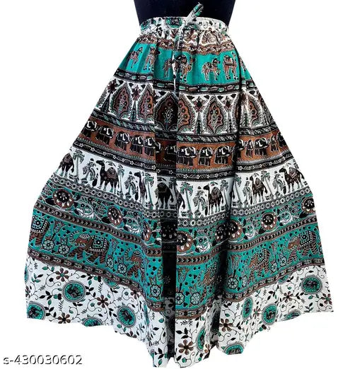 Teal and turquoise chandrawat print cotton knee-length skirt for women