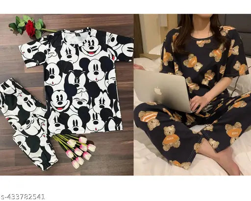 Black printed polycotton women's night suit set by SAMAYRA ENTERPRISE, pack of 2