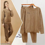 Brown wool women's long sleeve night suit, warm winter pajama set made in India
