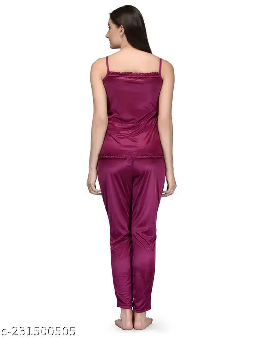Satin women's top & pajama set, sleeveless, ruffled trim, XS-6XL, 12 colors, luxurious sleepwear, India origin