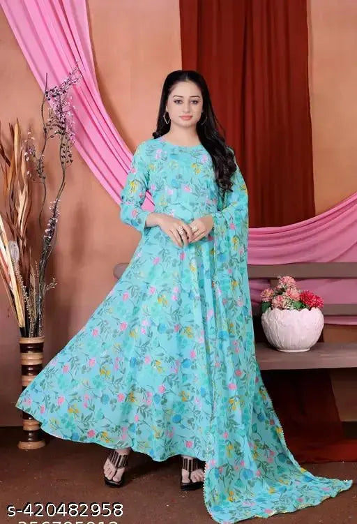 Indian printed Georgette Anarkali gown with dupatta, long sleeves, delicate lace detailing, and V-neck. Perfect for special occasions." (96 characters)