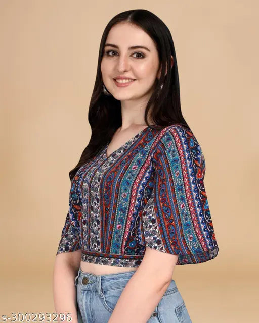 Crepe three-quarter sleeve girls/women's printed top, India-made fashion for summer, party or casual wear