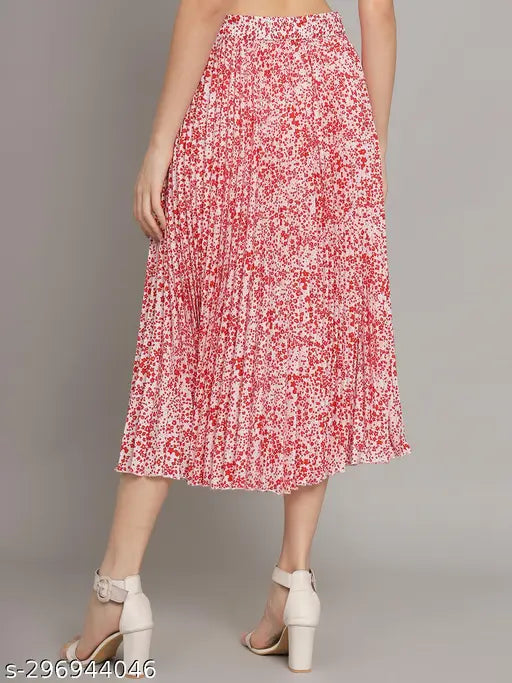 Red floral print, stretchy pleated mid-length skirt