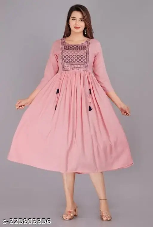 Pink rayon kurta by Shambhavi Creations, three-quarter sleeves, solid design, Indian origin