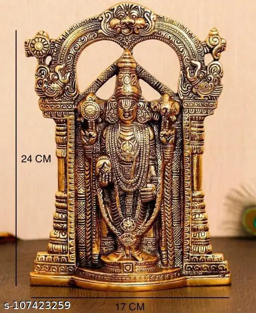 Gold plated Tirupati Balaji decorative item, traditional Indian white metal sculpture (24cm) for worship or home decor