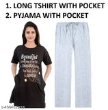 Printed cotton women's long length half-sleeve roundneck pyjama t-shirt set, nightwear for women in multiple sizes