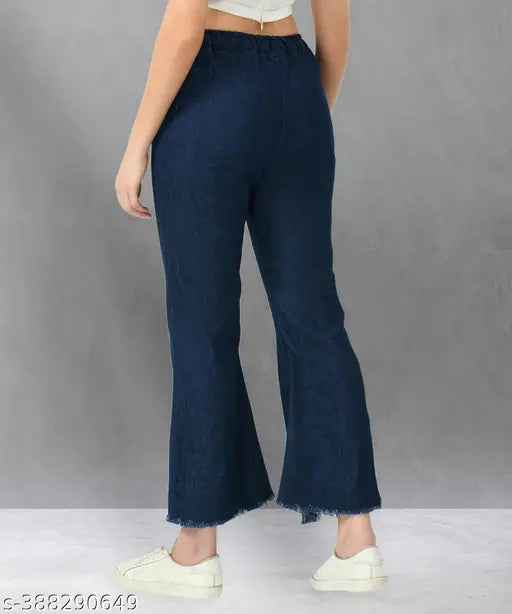 Dark blue denim high-waisted flared jogger jeans with a frayed hem