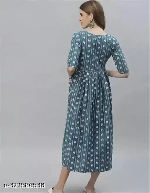 Blue Rayon three-quarter sleeve printed net pocket, Indian women's partywear garment