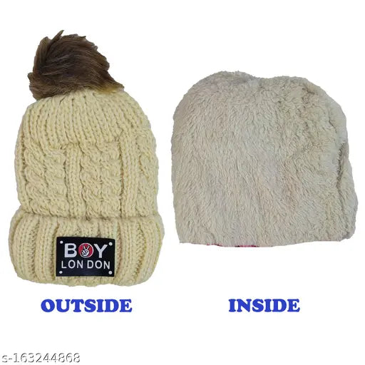 Warm cream wool beanie cap with fur lining and soft pompom inside, free size