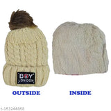 Warm cream wool beanie cap with fur lining and soft pompom inside, free size