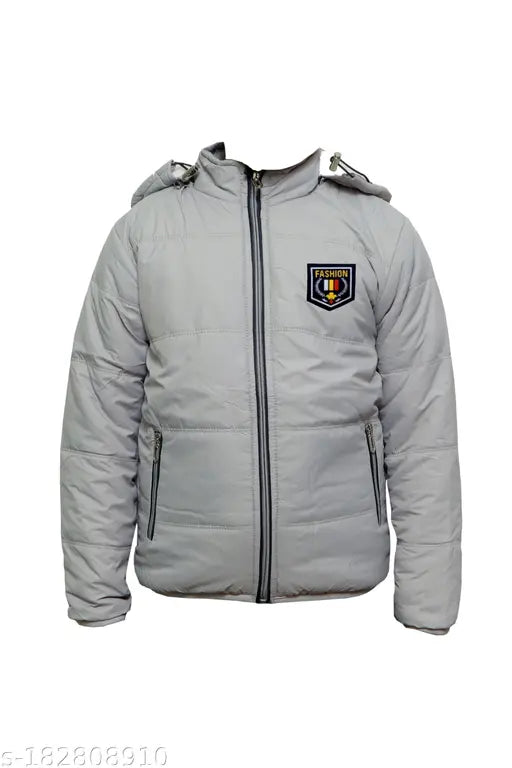 Gray and white zip jacket with a hood and emblem