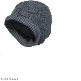 Grey wool beanie cap, self-designed knitwear for men or women from India