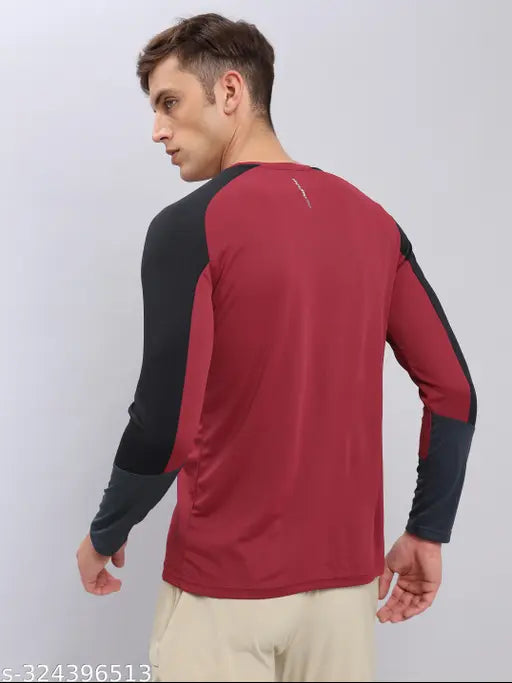 Maroon polyester long sleeve Technosport men's solid round t-shirt, UPF50+ sun protection, TechnoCool for dry comfort, anti-microbial Technology, 2-way stretch, soft & smooth feel, anti-static