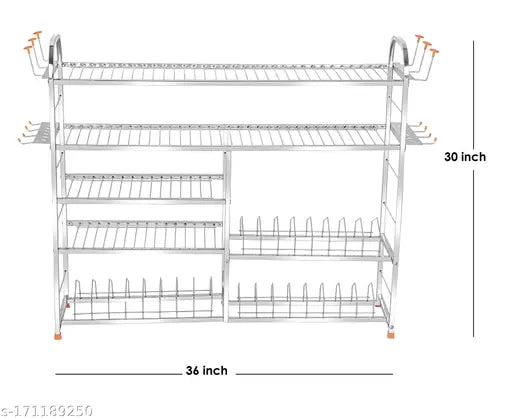 Stainless steel kitchen organizer, 5-shelf rack with plate and cutlery stand, 30L x 36H inches, modular storage for streamlined cooking space