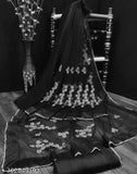 Black net saree with intricate embroidered work and unstitched dupion silk blouse pieces, featuring all-over border moti work