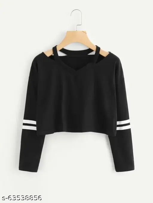 Pink cotton blend script winter V-neck black crop t-shirt, long sleeves, women's casual wear