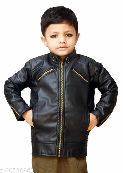 Black leather jacket with waterproof zip closure, for children