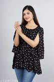 Black printed rayon top with three-quarter sleeves, women's fashion from India