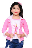 Pink cotton zip-up cardigan, faux fur collar