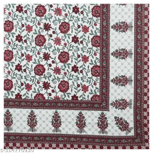 100 Cotton Jaipuri Block Printed Bedsheet - Red floral design, king size, white background.