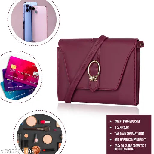 Purple sling bag with multiple pockets and a flap closure